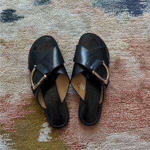 Black Leather Slide Sandals with Gold Accent Franco Boschi